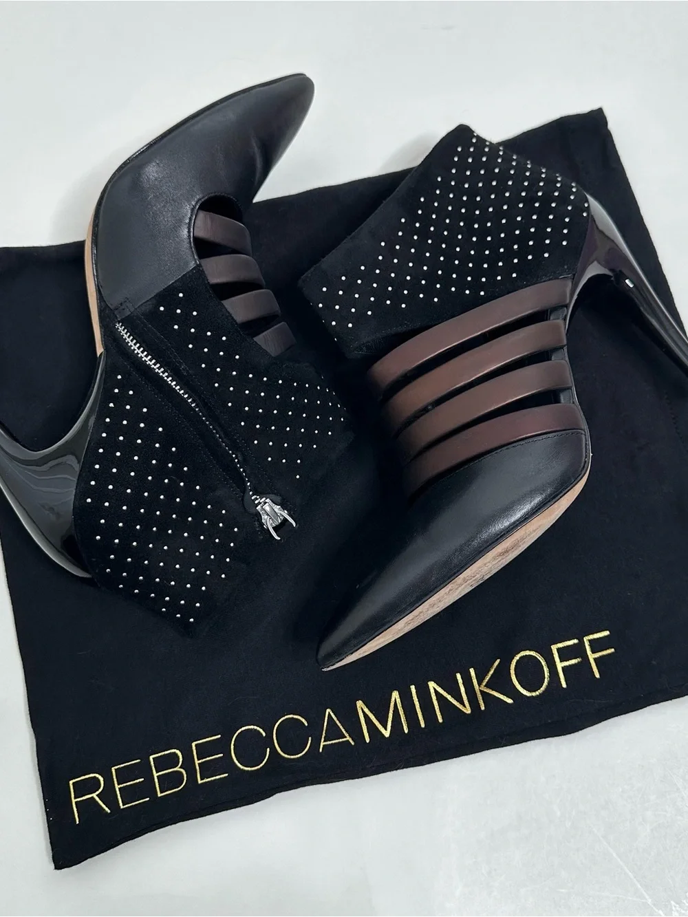 Rebecca Minkoff Caesar Studded Heels Black Leather & Suede Size 8